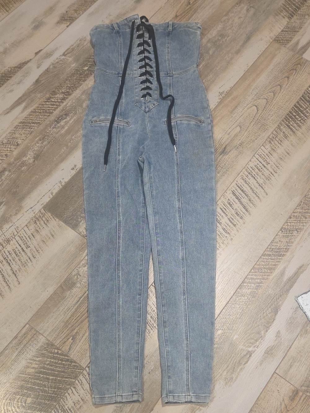 High-Waist Lace-Up Corset Denim Jeans - Blue